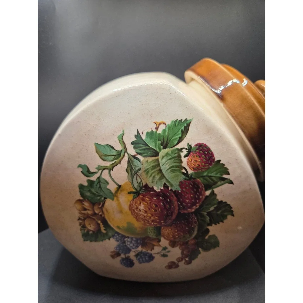 Nelson McCoy Tilted‎ Canister Fruit Festival Pattern Vintage Cream Brown Large